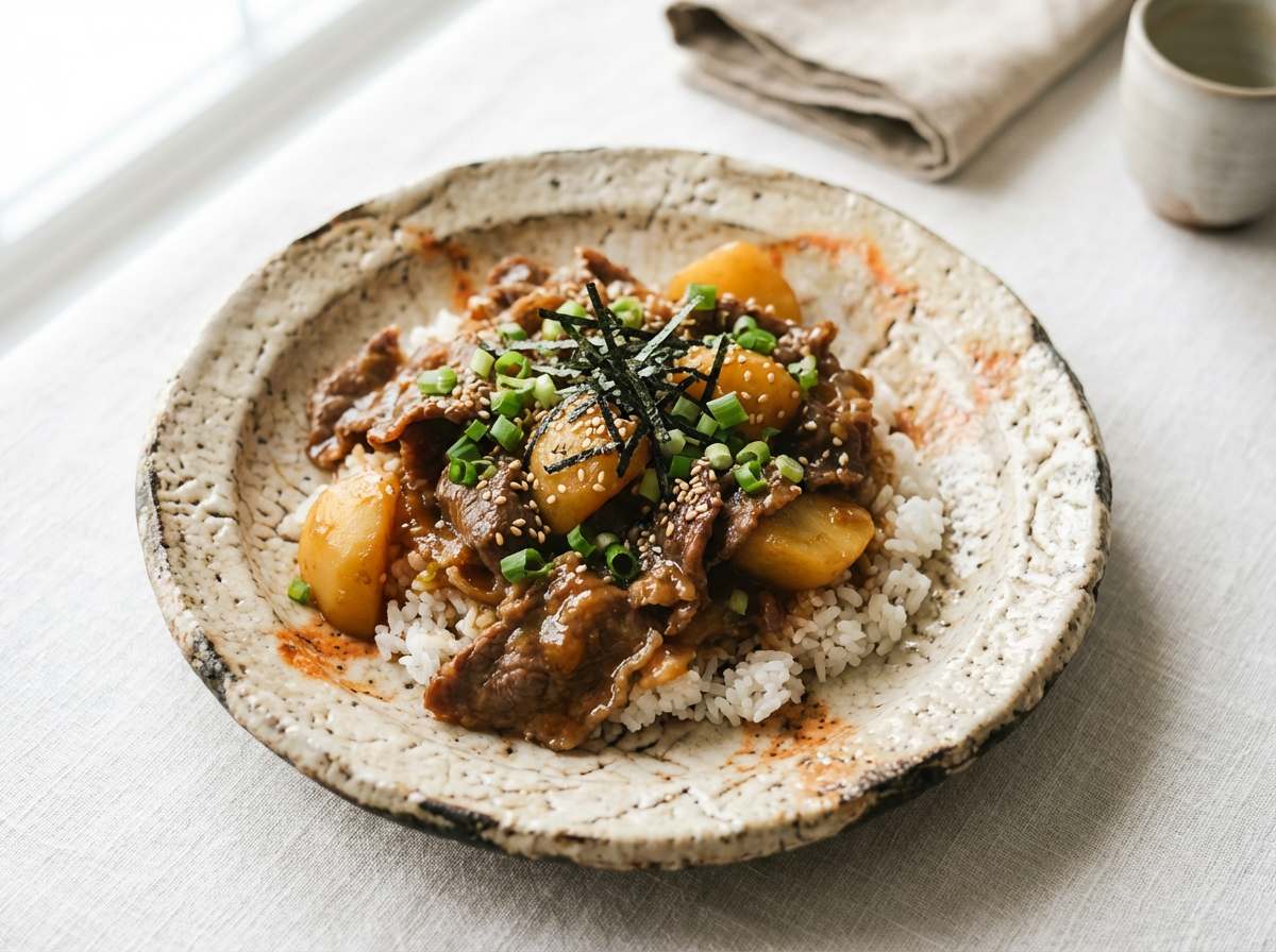 牛こま切れ肉とじゃがいものさっぱり味噌丼