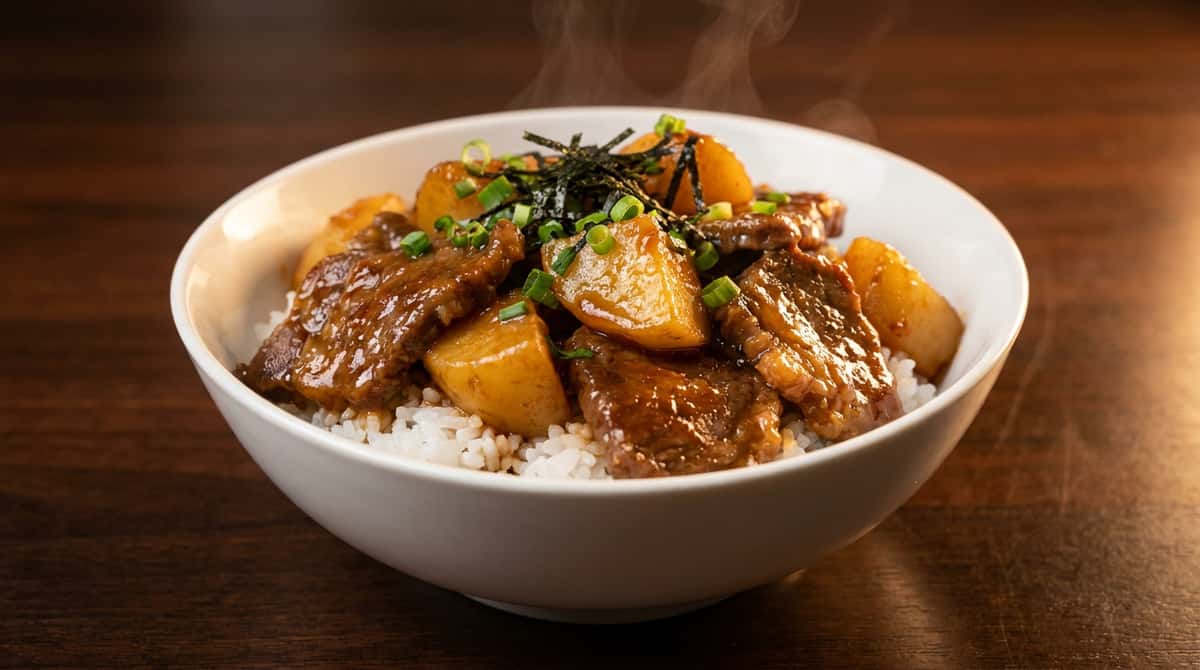牛こま切れ肉とじゃがいものさっぱり味噌丼（完成イメージ）