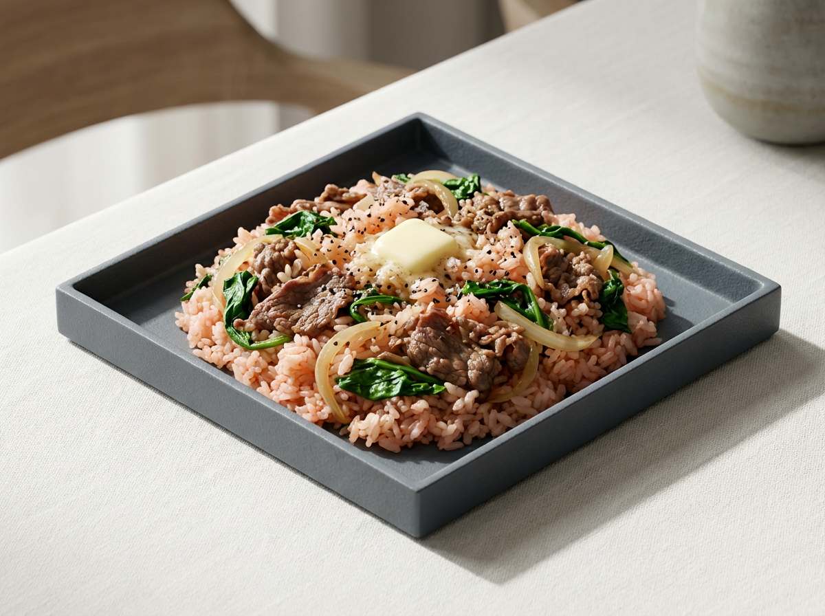 牛こま切れとほうれん草のケチャップさっぱり炊き込みご飯