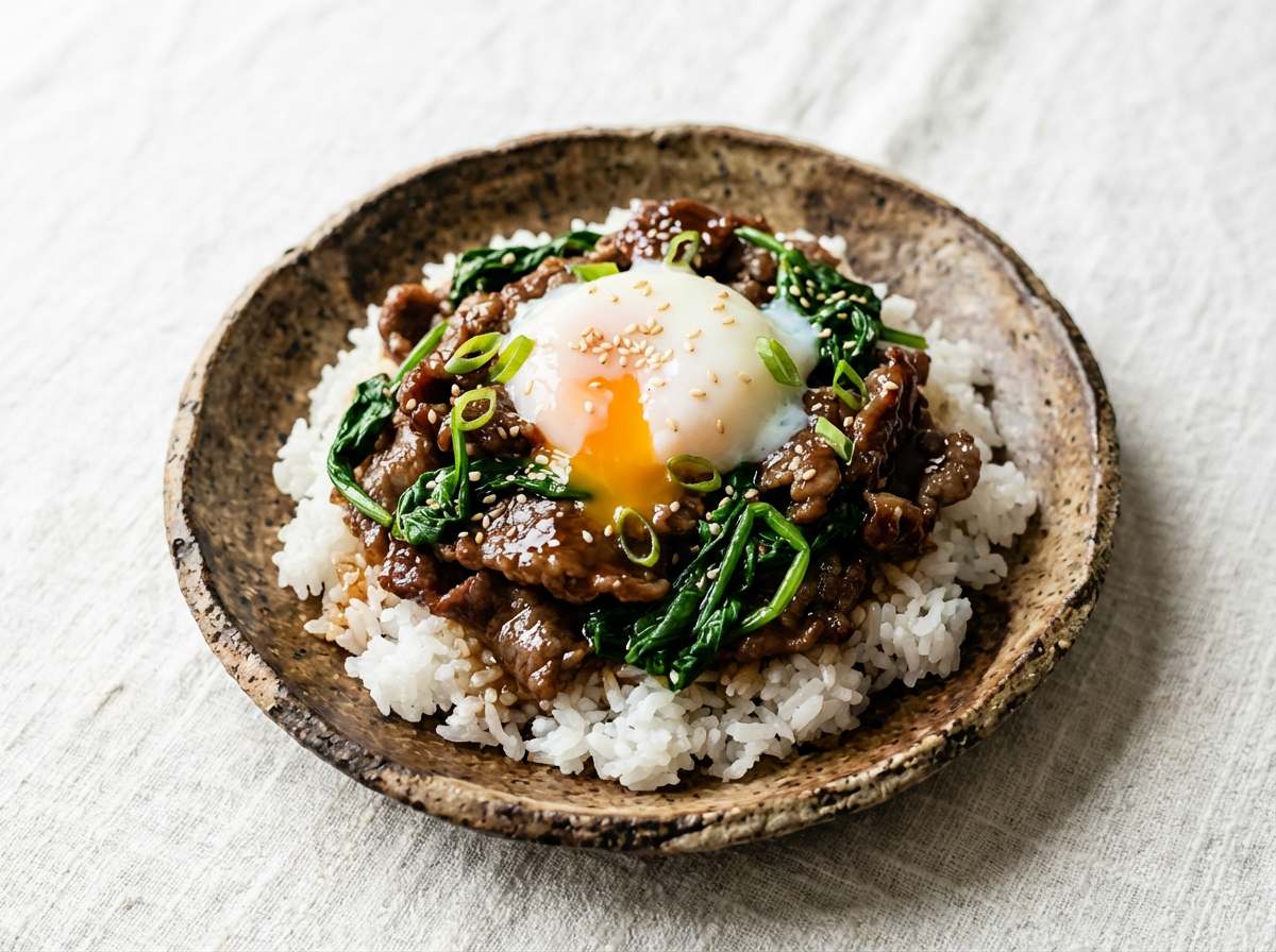 牛こま切れ肉とほうれん草のオイスターソース高タンパク丼
