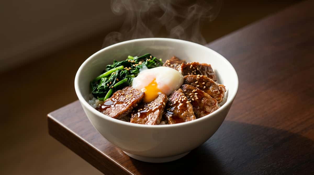 牛こま切れ肉とほうれん草のオイスターソース高タンパク丼（完成イメージ）