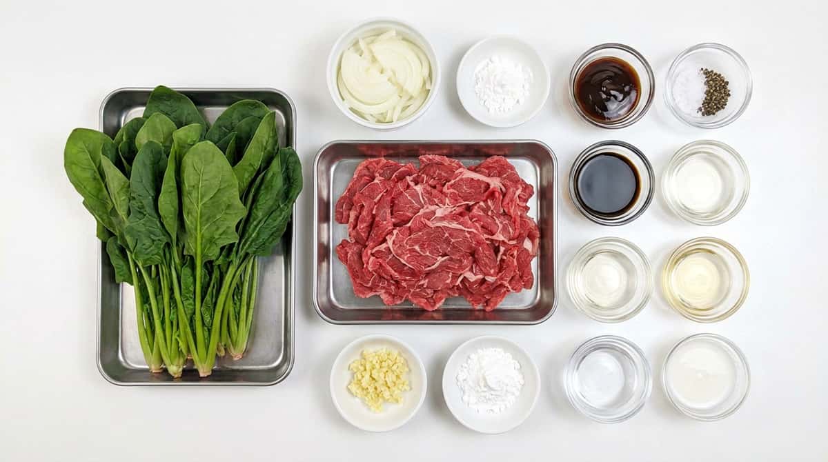 牛こま切れ肉とほうれん草のオイスターソース高タンパク丼（材料）