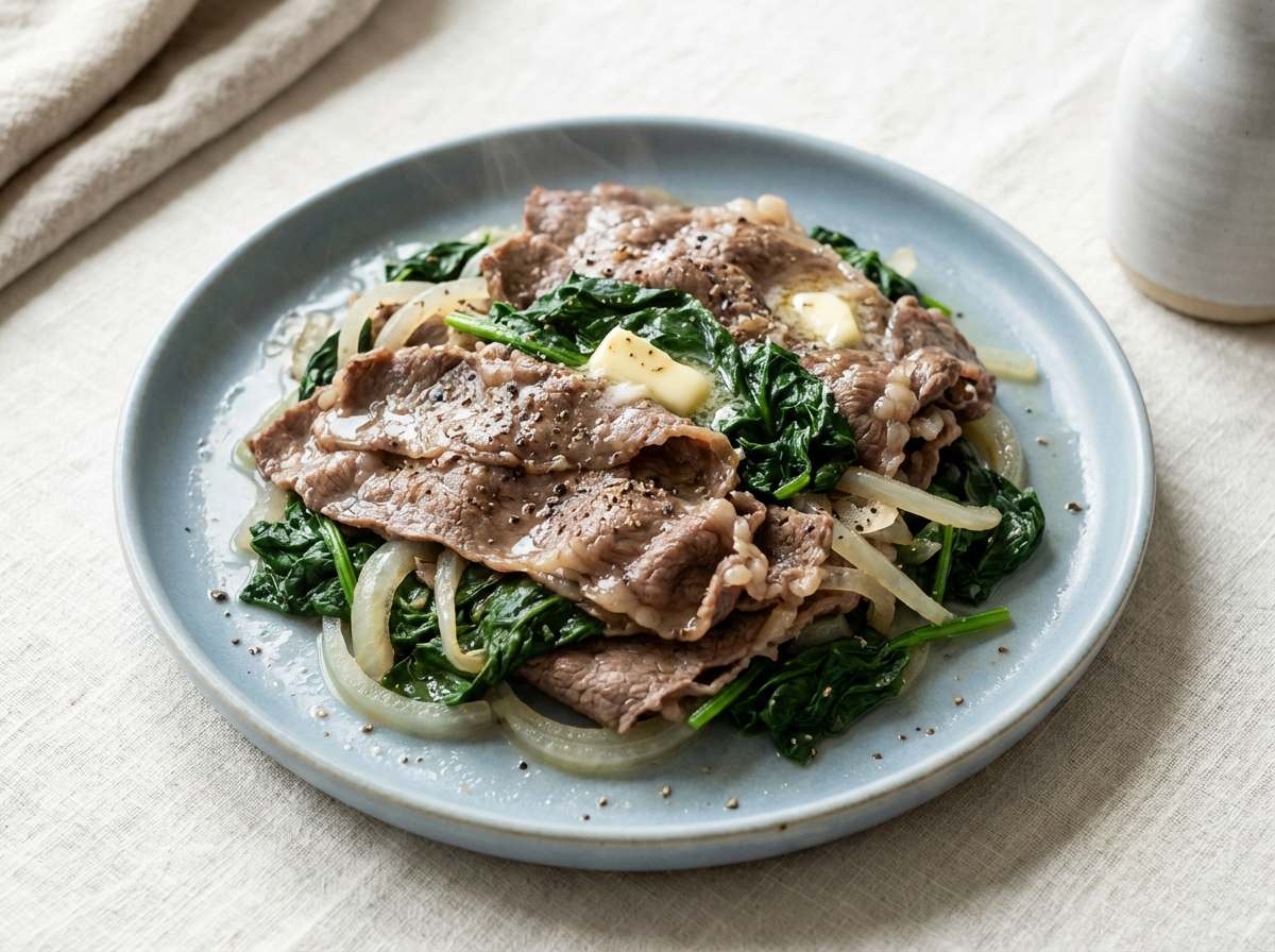 牛こま切れ肉とほうれん草のガッツリ蒸し塩こしょう