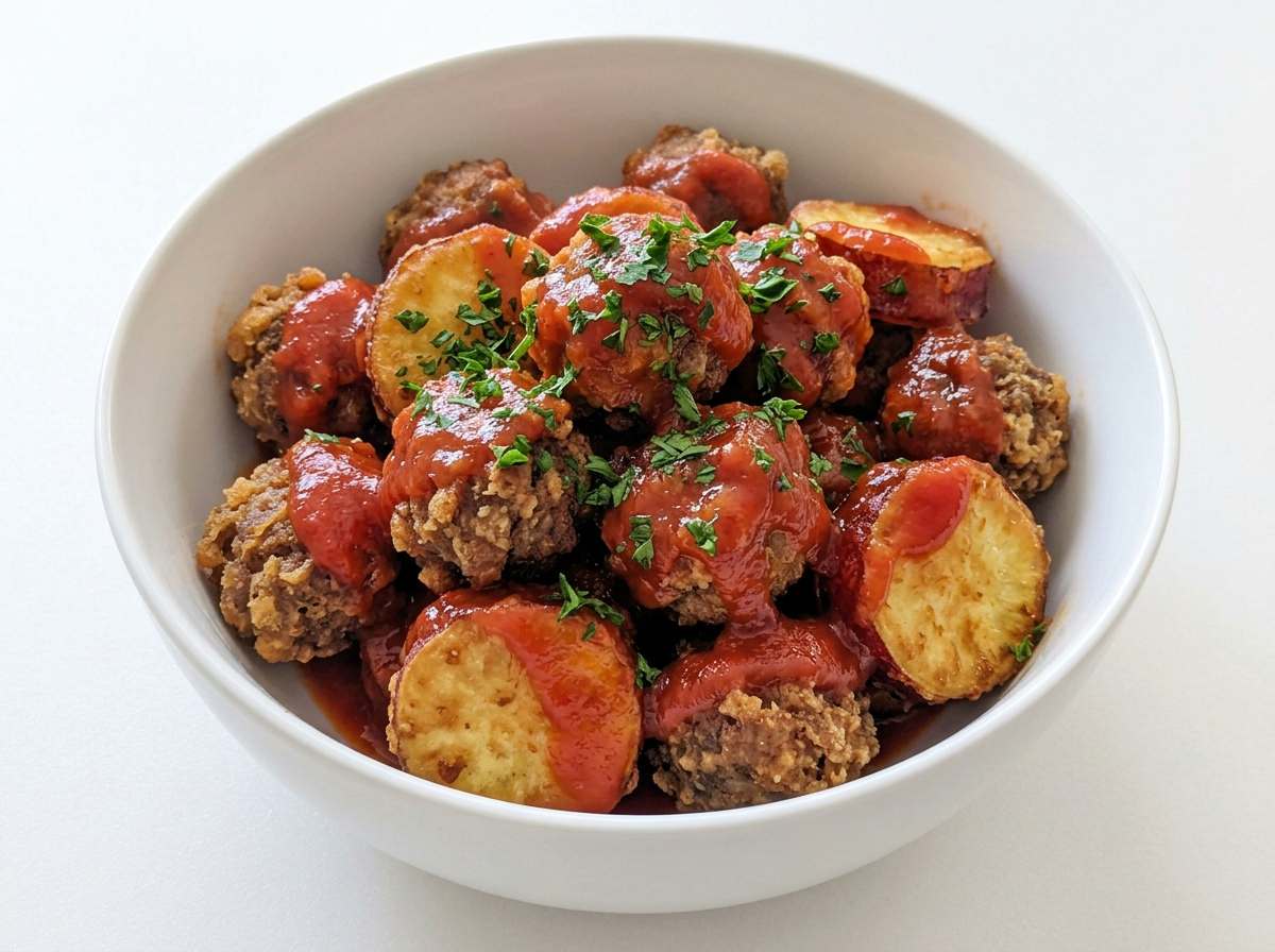 牛こまとさつまいものカリッと揚げ トマト煮からめ