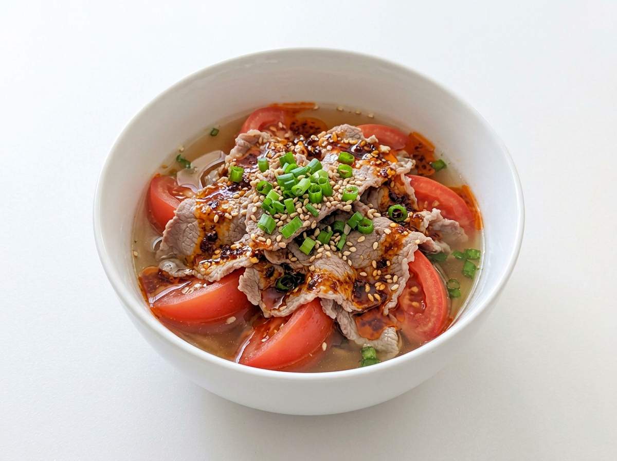 牛こまとトマトのピリ辛白だし蒸し