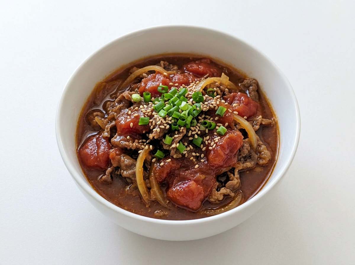 牛こま切れとトマトの節約しょうゆ煮