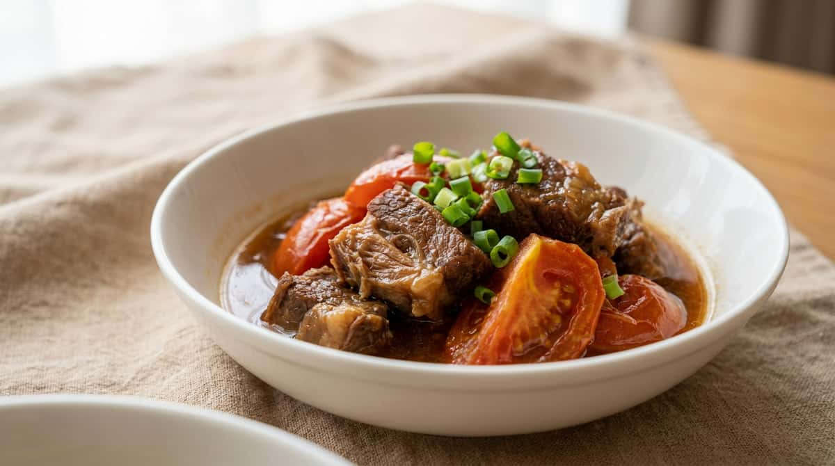 牛こま切れとトマトの節約しょうゆ煮（完成イメージ）