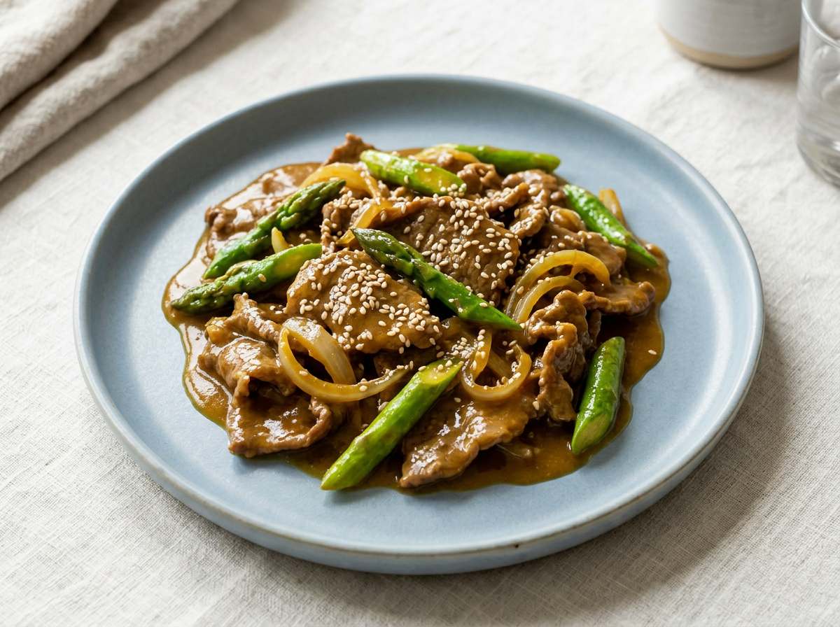 牛薄切り肉とアスパラのカレー漬け