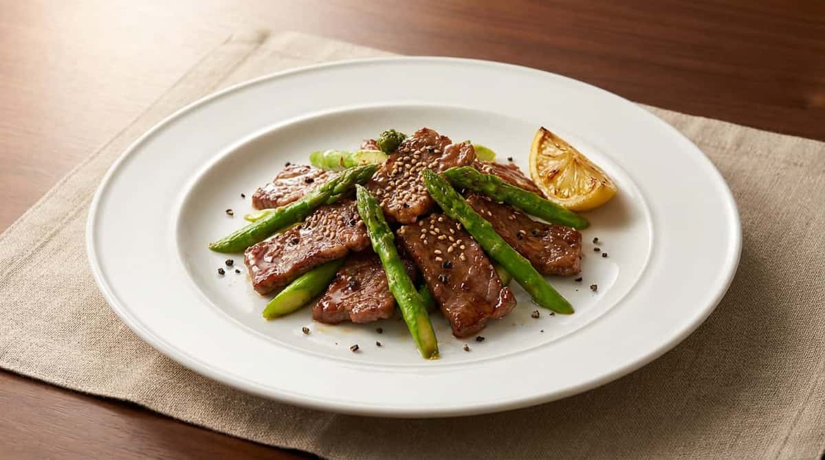 牛薄切り肉とアスパラガスの塩こしょう炒め（完成イメージ）