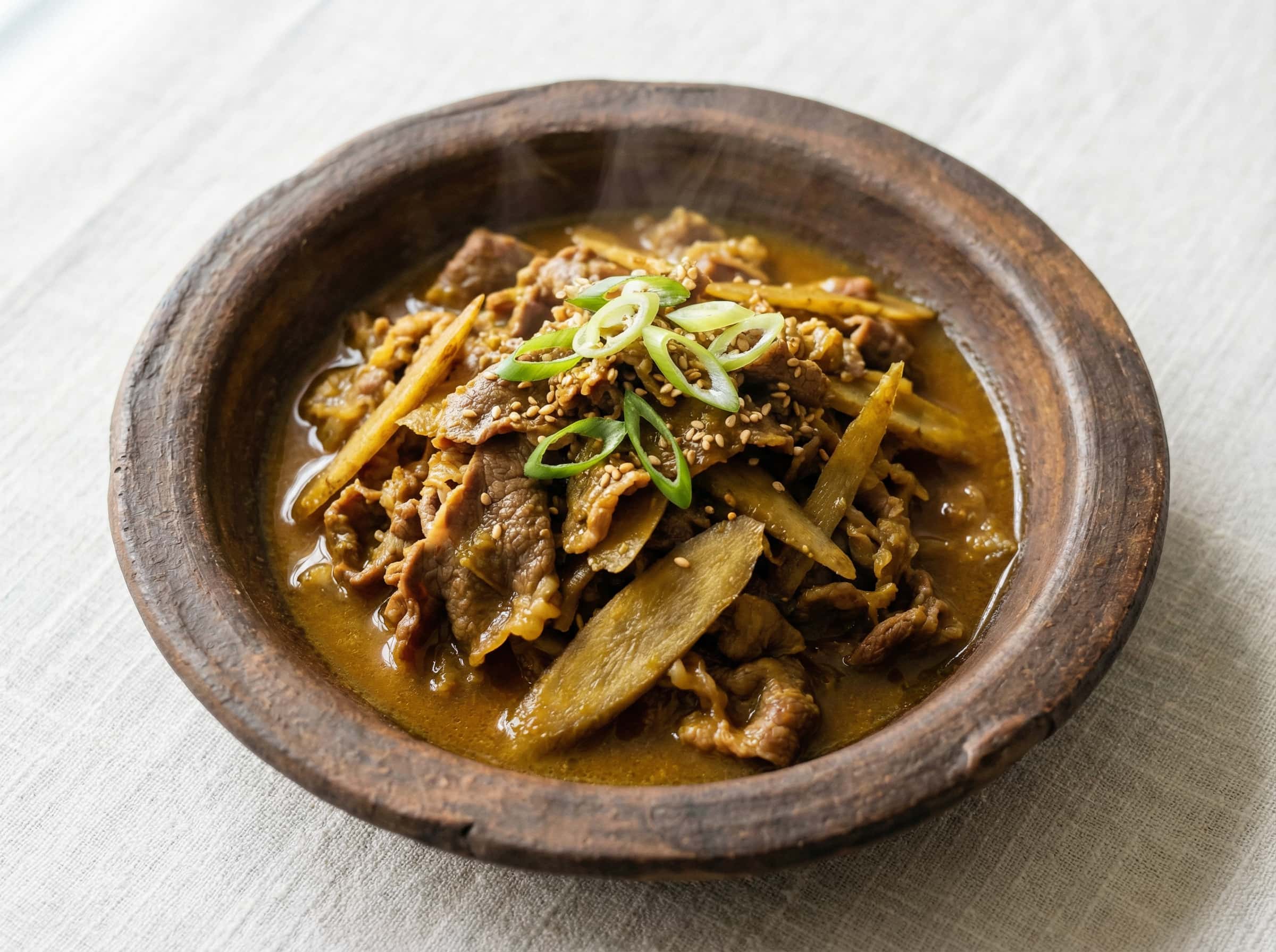 牛薄切り肉とごぼうのカレー風レンジ蒸し