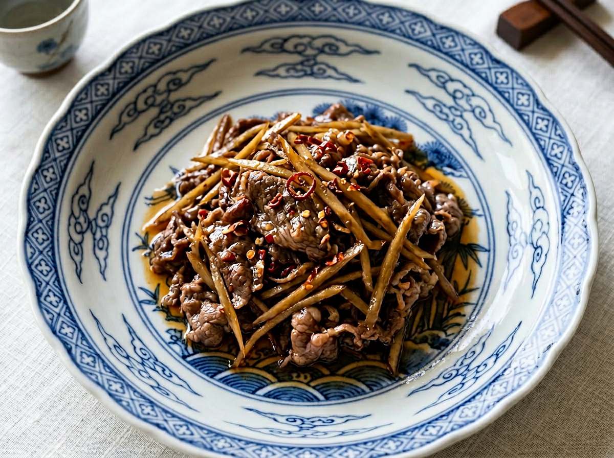 牛薄切り肉とごぼうのピリ辛めんつゆ漬け