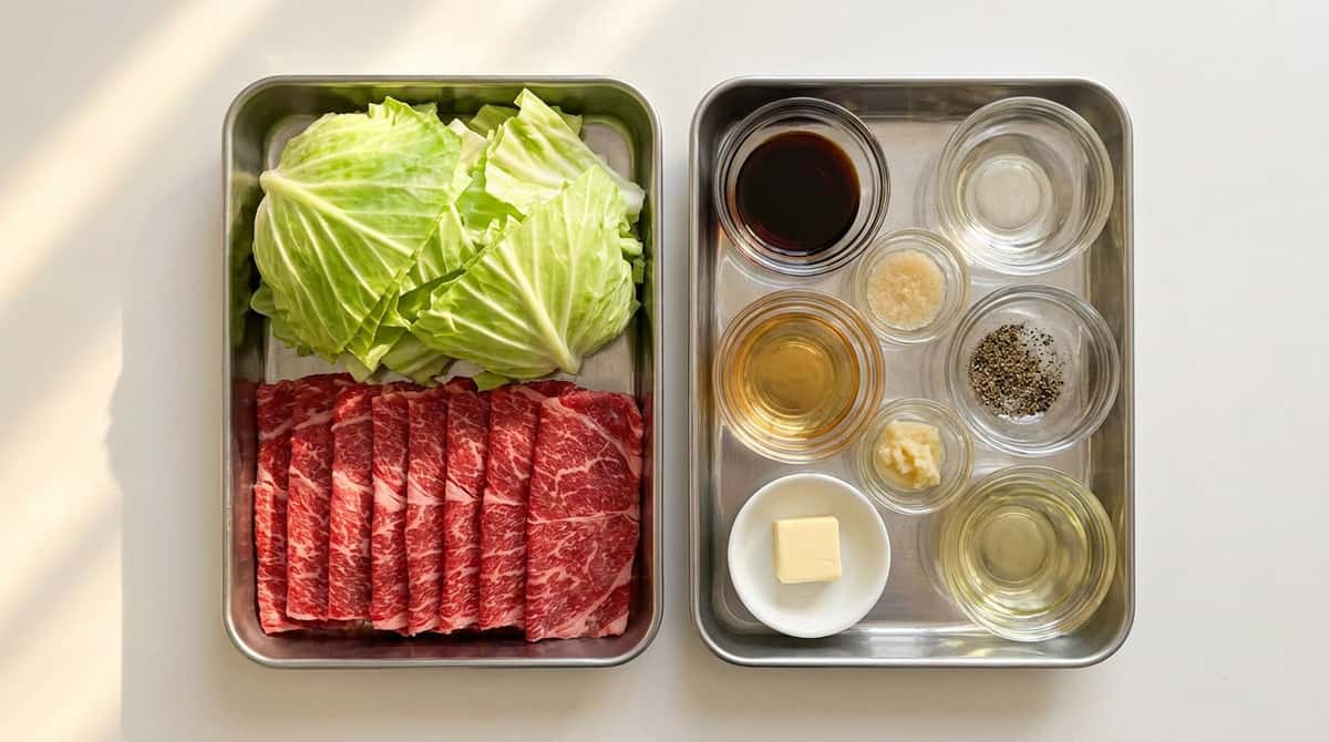 牛薄切り肉とキャベツのバター醤油焼き（高タンパク）（材料）
