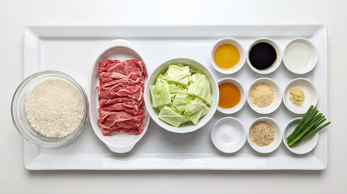 牛薄切り肉とキャベツのごま油香る炊き込みご飯（材料）