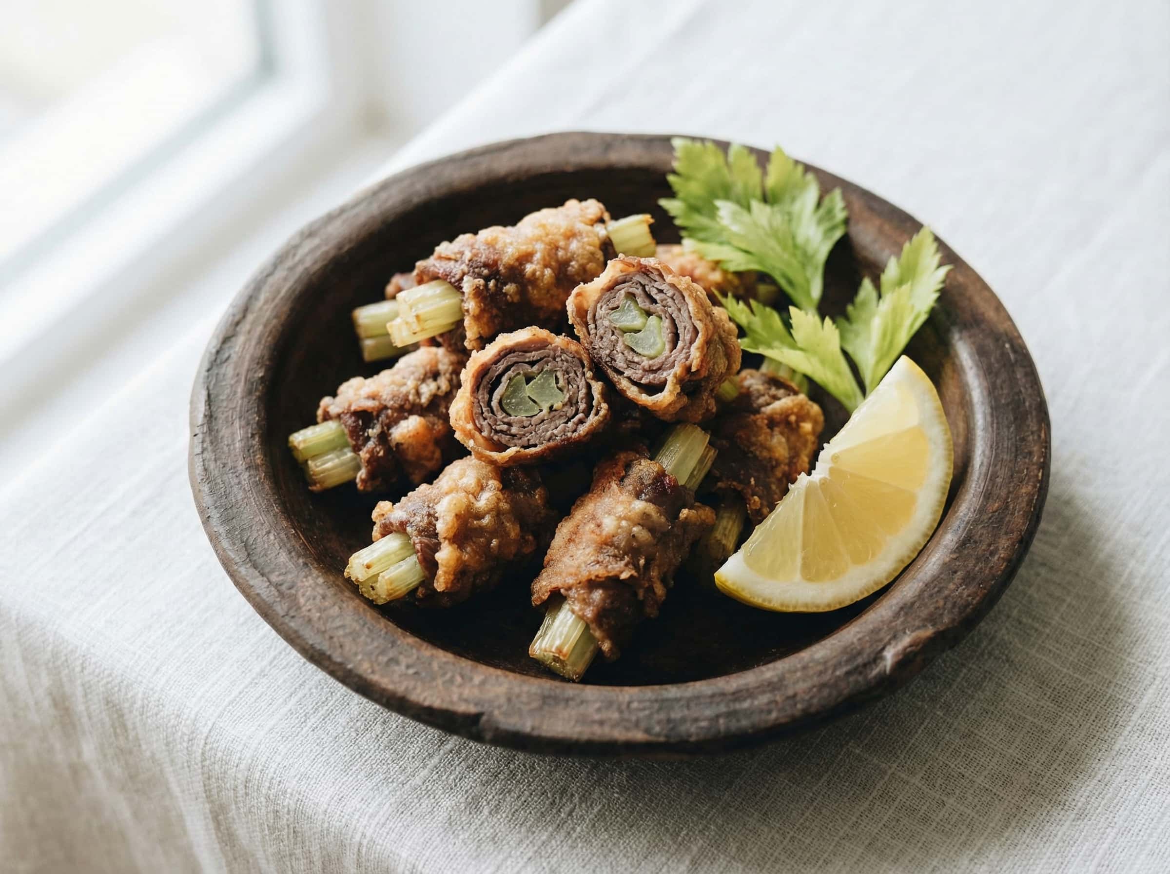 牛薄切りとセロリの鶏ガラから揚げ