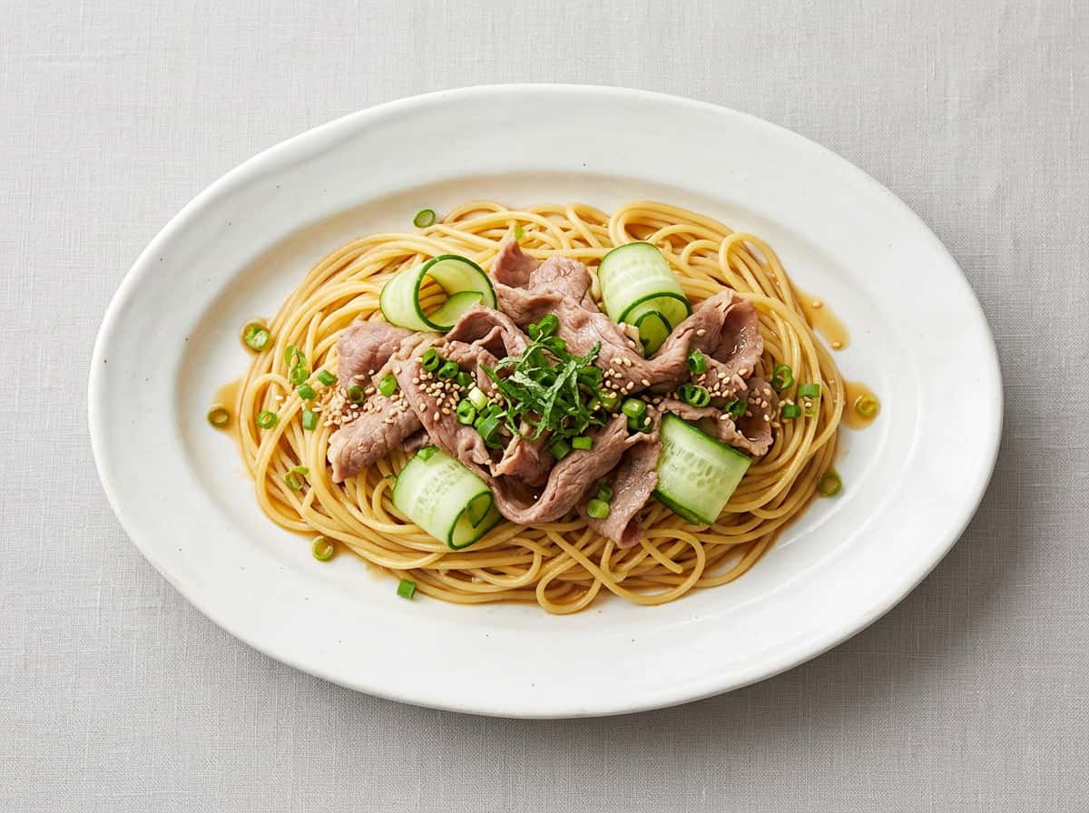 牛薄切り肉ときゅうりの節約ポン酢パスタ