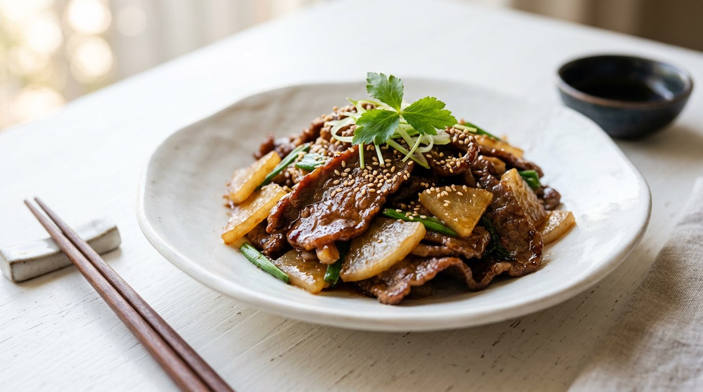 牛薄切り肉と大根のごま油シャキシャキ炒め