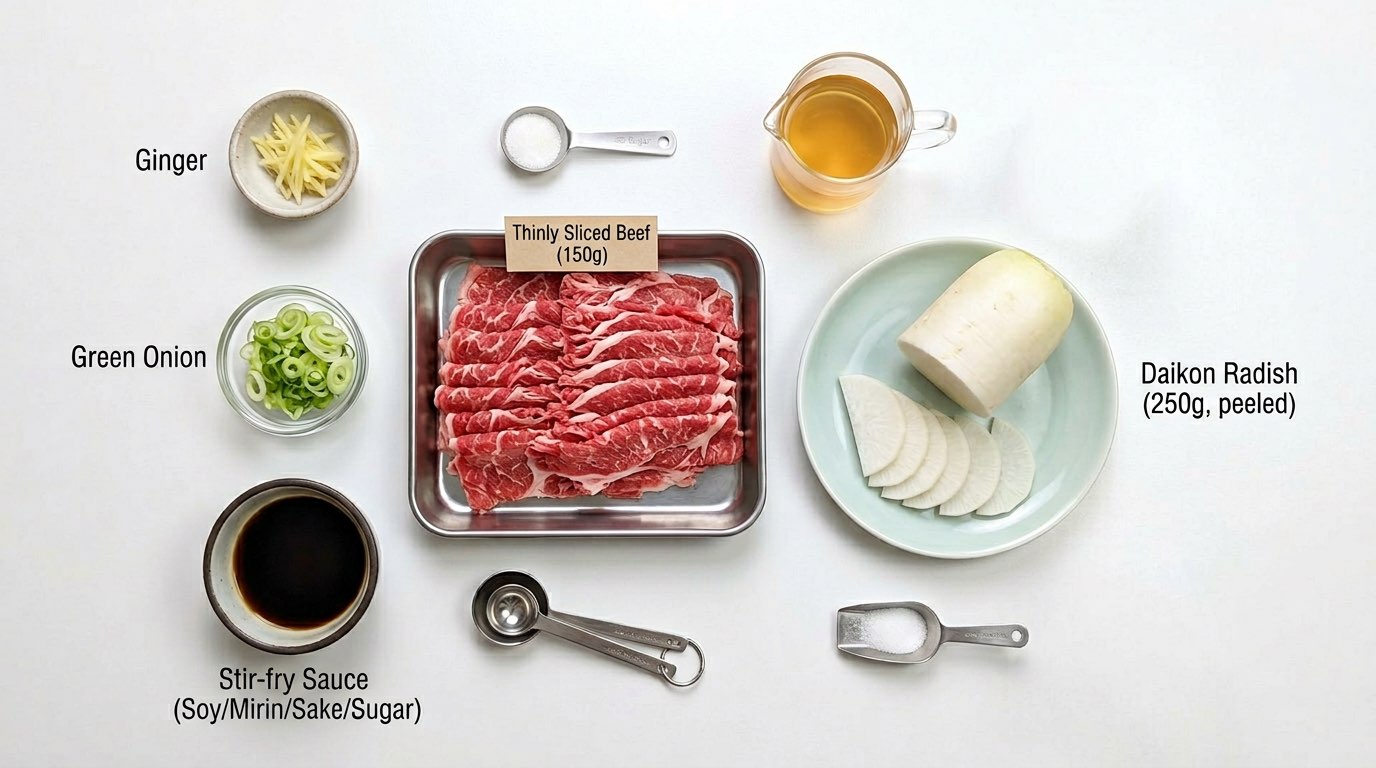 牛薄切り肉と大根のごま油シャキシャキ炒め（材料）