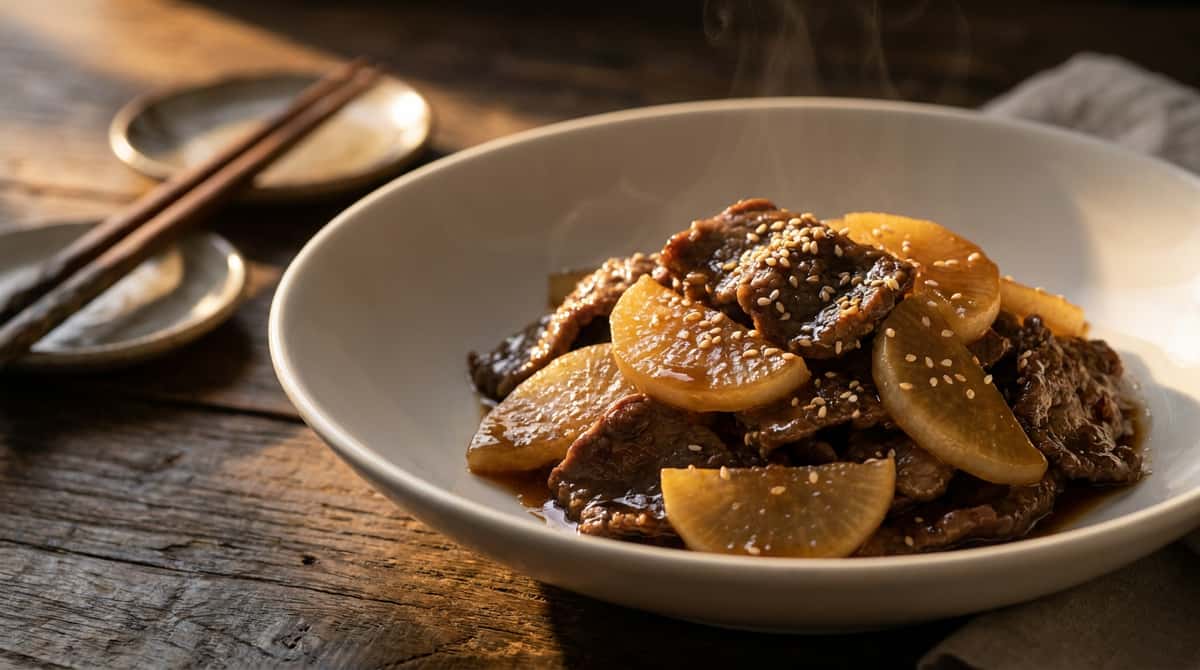 牛薄切り肉と大根のごま油炒め（完成イメージ）