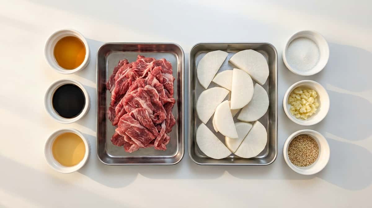 牛薄切り肉と大根のごま油炒め（材料）