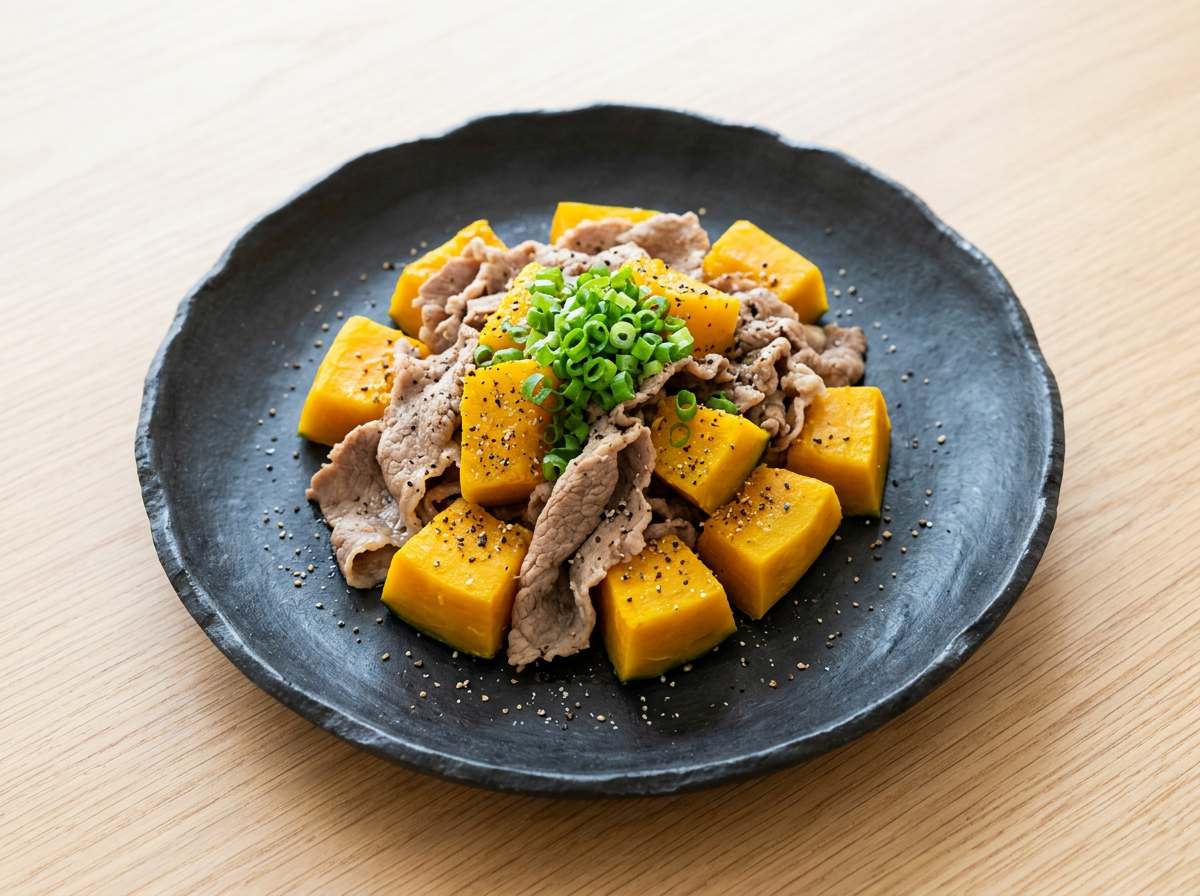 牛薄切り肉とかぼちゃの塩こしょうレンジ蒸し