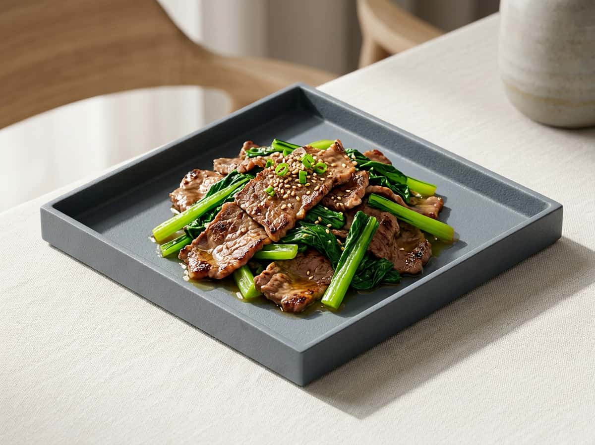 牛薄切り肉と小松菜の白だし照り焼き