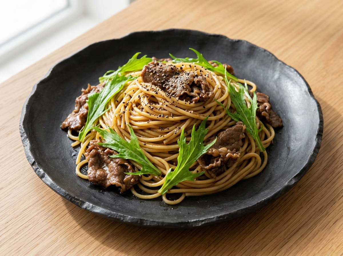 牛薄切り肉と水菜のオイスターソースパスタ