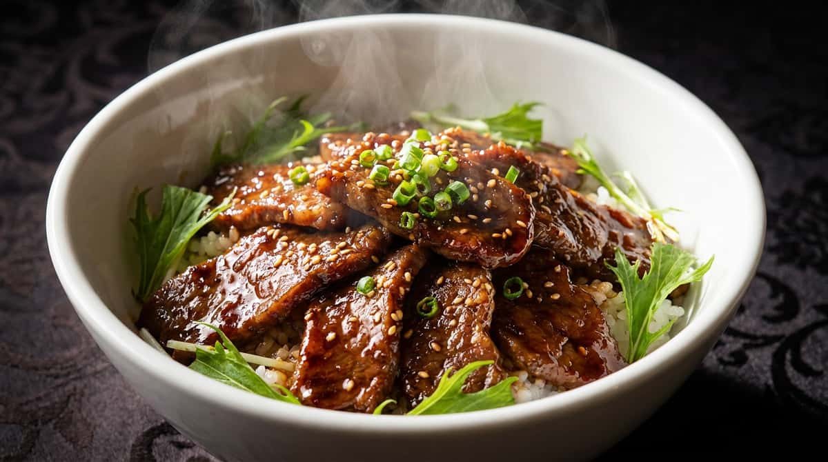 牛薄切り肉と水菜の焼肉のタレ丼（完成イメージ）