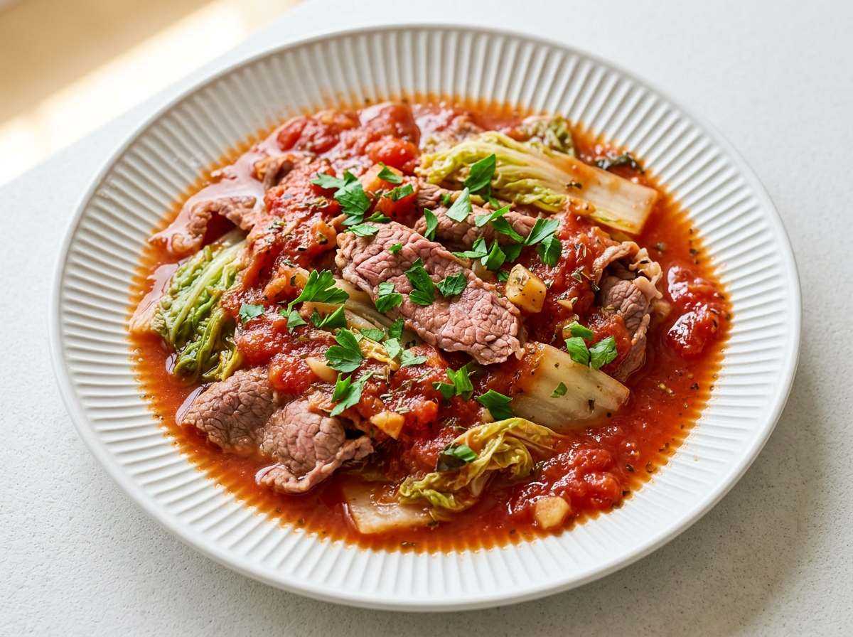 牛薄切り肉と白菜のトマト缶レンジ蒸し