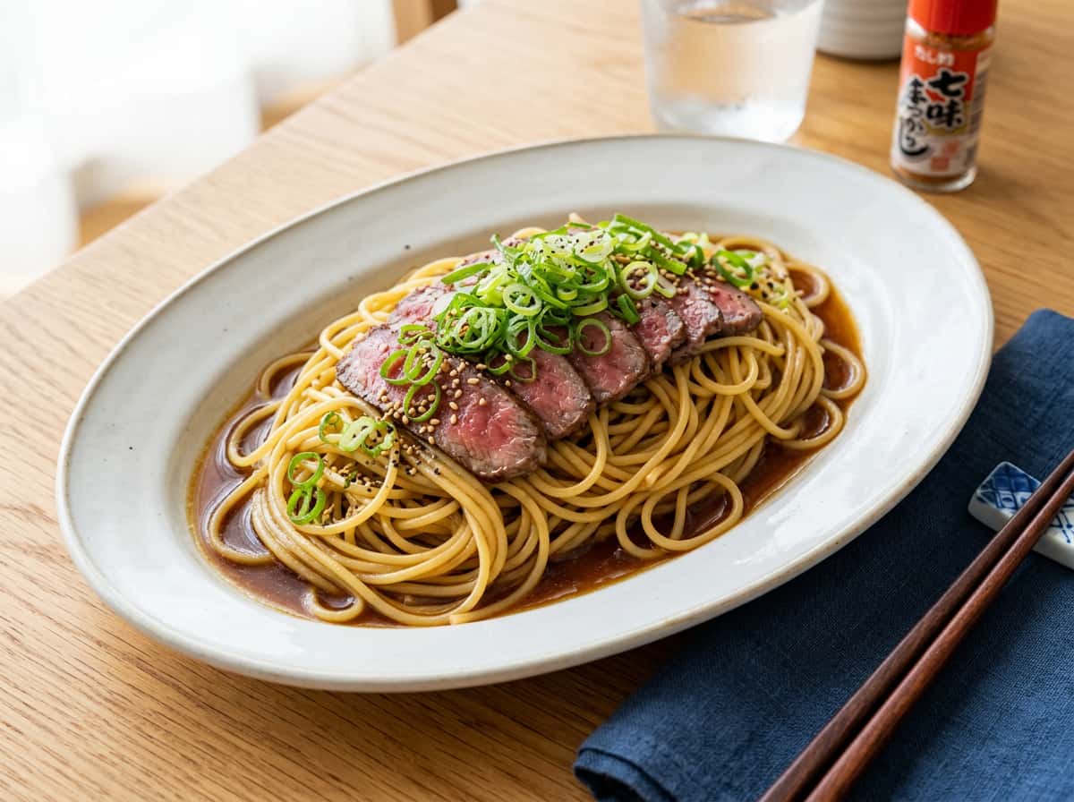 牛薄切り肉と長ねぎのピリ辛コンソメパスタ
