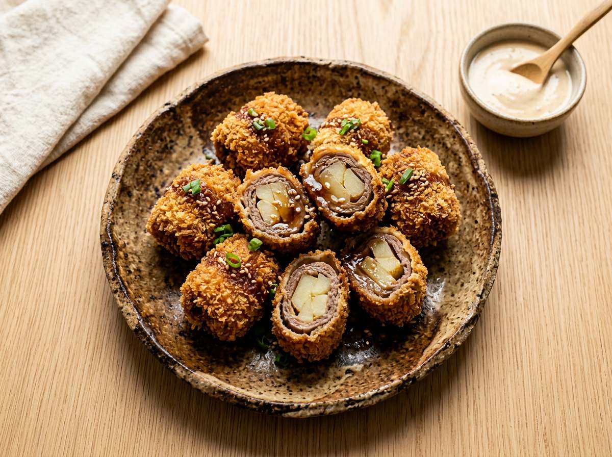 牛薄切りとじゃがいもの味噌一口揚げ