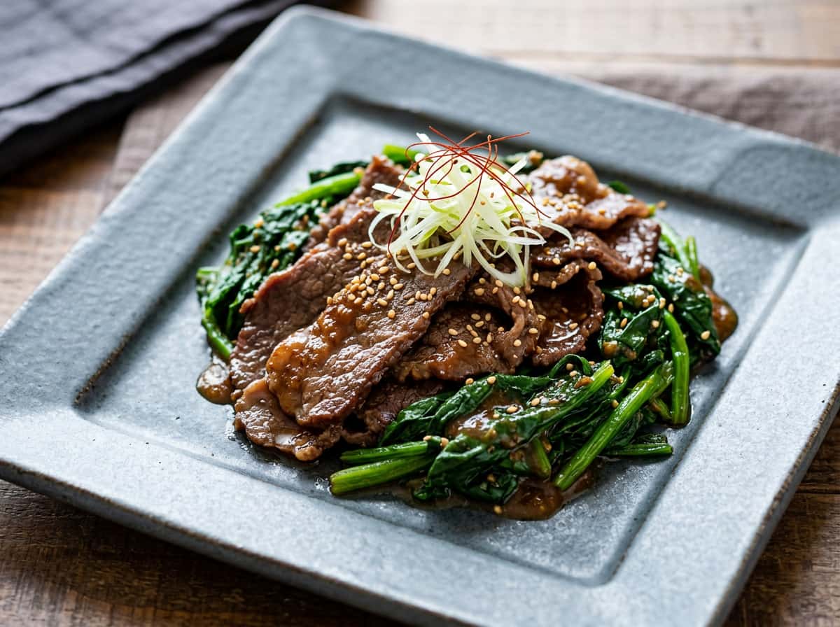 牛薄切り肉とほうれん草の味噌漬け焼き