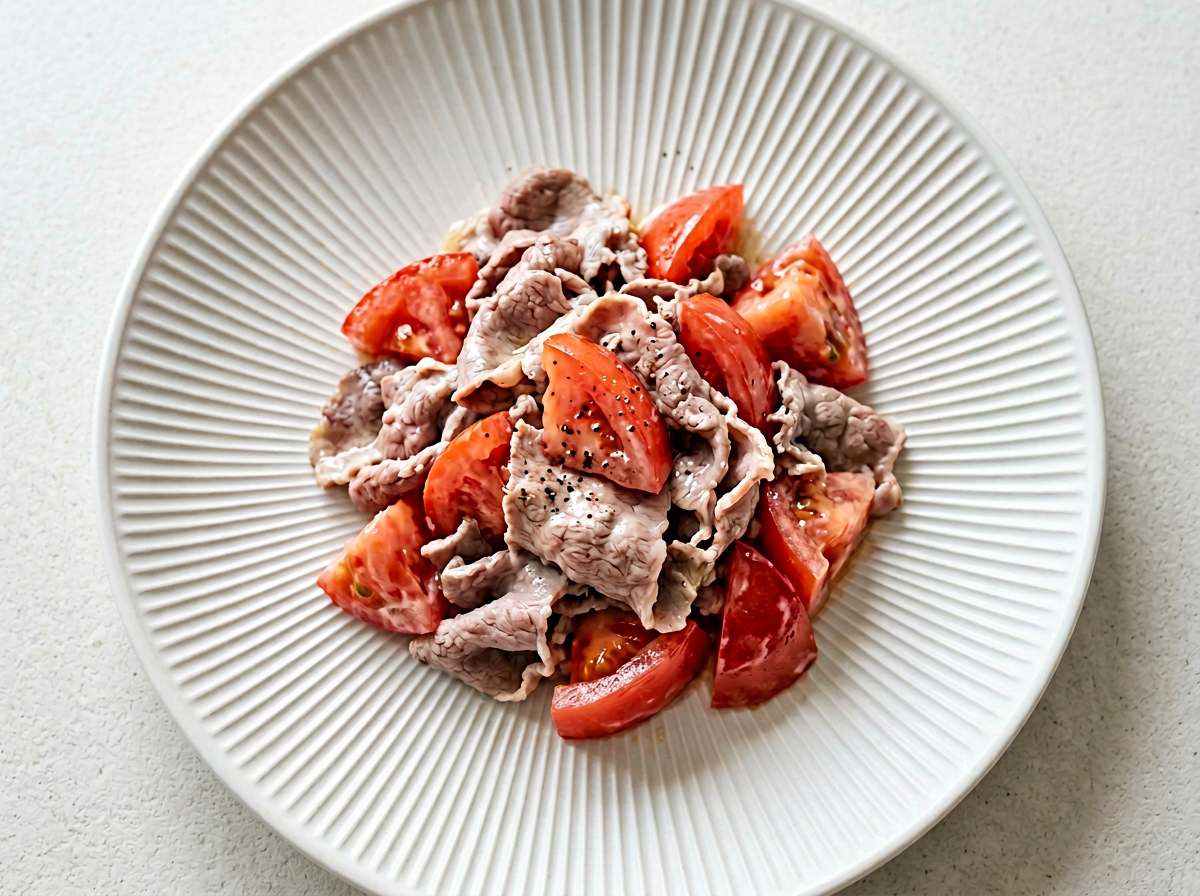 牛薄切りとトマトのマヨレンジ蒸し