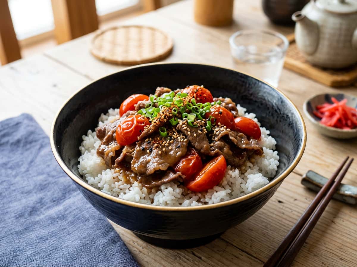 牛薄切り肉とトマトのピリ辛味噌丼