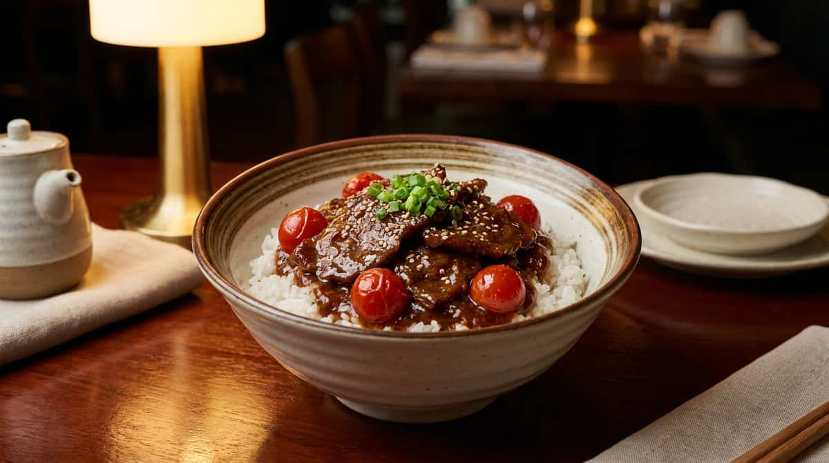 牛薄切り肉とトマトのピリ辛味噌丼（完成イメージ）