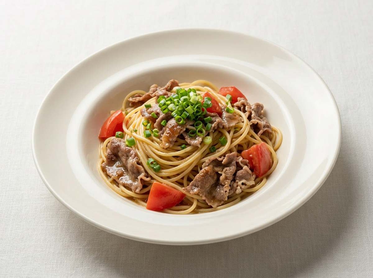 牛薄切りとトマトのポン酢パスタ