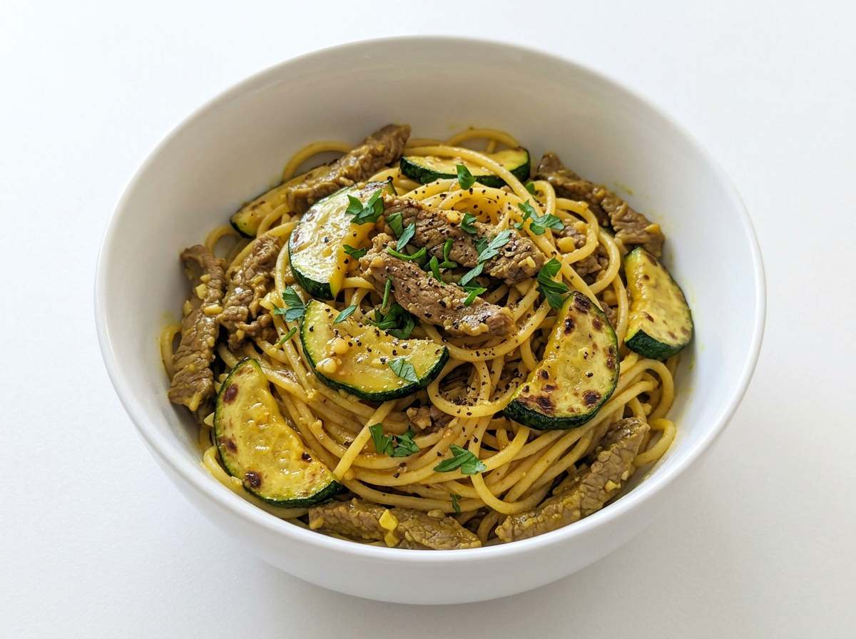 牛薄切り肉とズッキーニのカレーパスタ