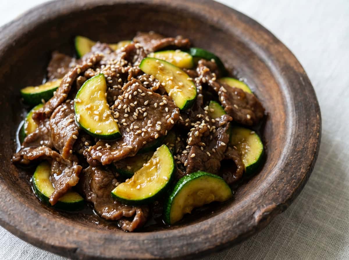牛薄切り肉とズッキーニのごま油香る甘辛焼き