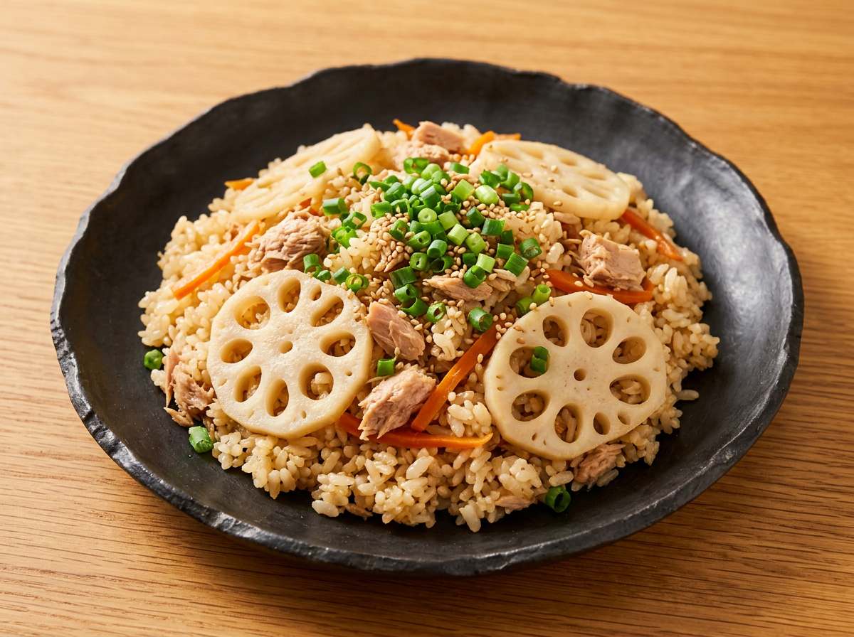 ツナ缶とれんこんの鶏ガラ高タンパク炊き込みご飯