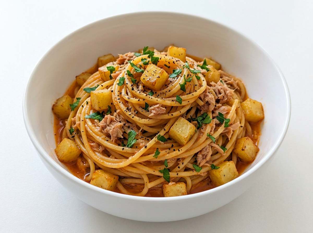 ツナとじゃがいものピリ辛コンソメパスタ