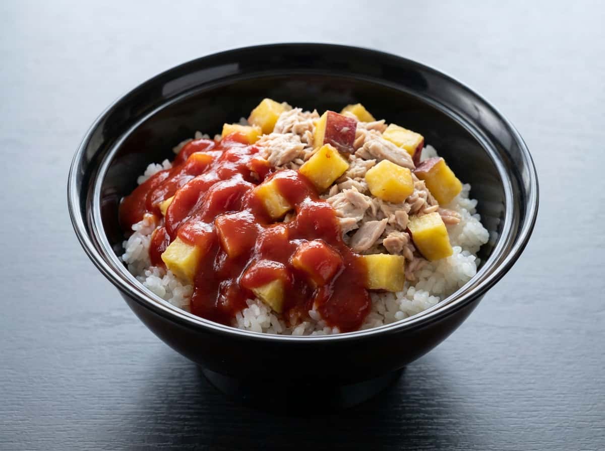糖質オフ・ツナ缶とさつまいものケチャップ丼（白滝ライス）