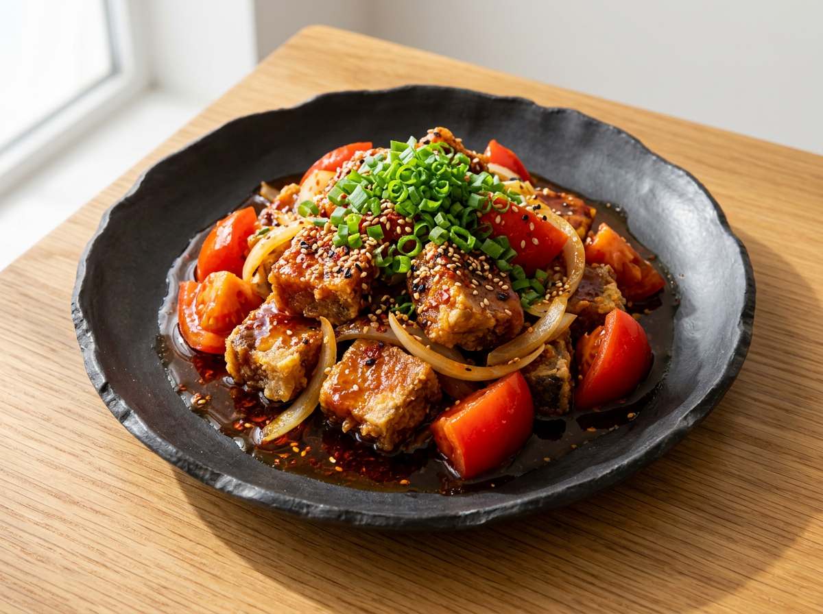 ツナ缶とトマトのピリ辛甘酢揚げ