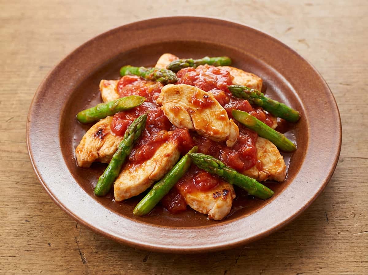 鶏むねとアスパラのトマト缶炒め（節約）