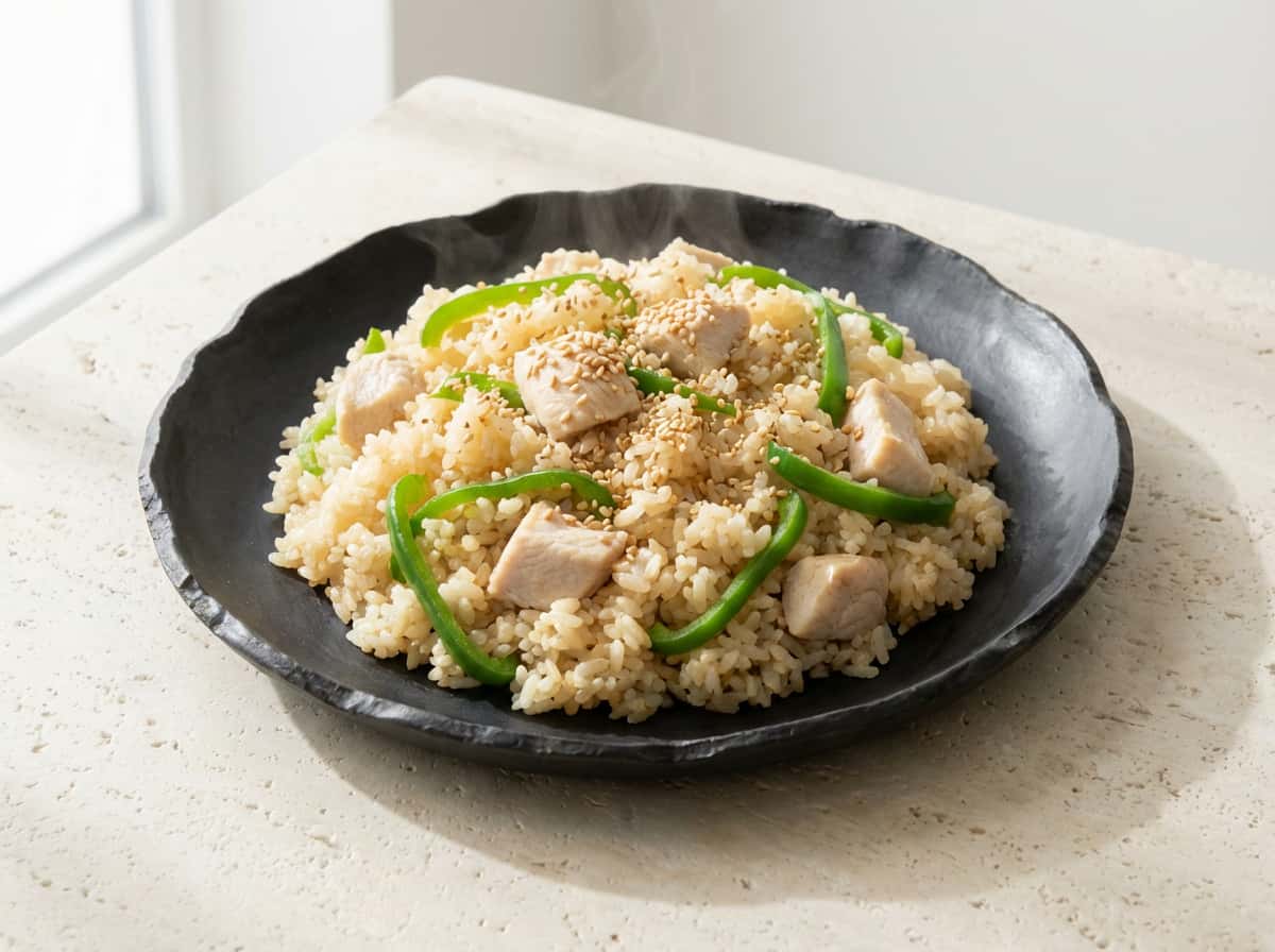 鶏むね肉とピーマンの鶏ガラ炊き込みご飯