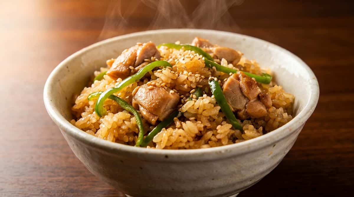 鶏むね肉とピーマンの鶏ガラ炊き込みご飯（完成イメージ）