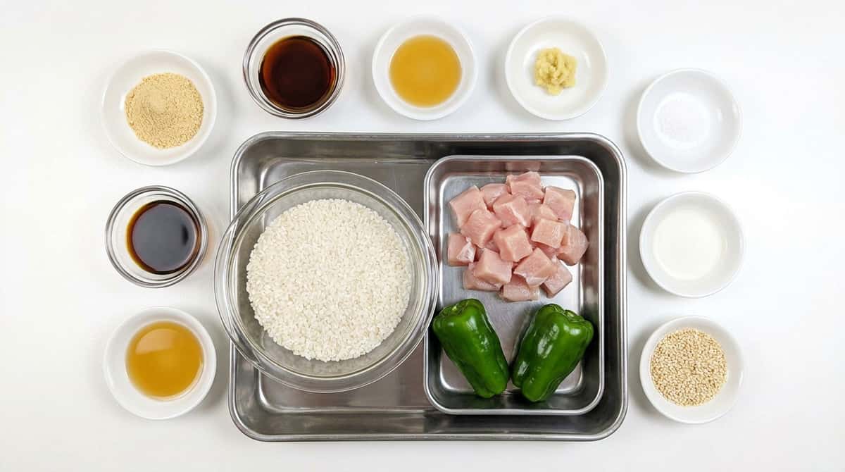 鶏むね肉とピーマンの鶏ガラ炊き込みご飯（材料）