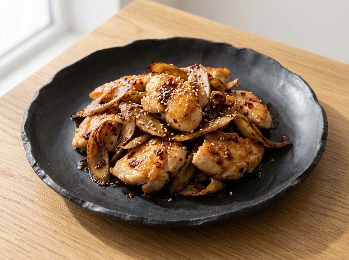 鶏むね肉とごぼうのピリ辛鶏ガラ焼き