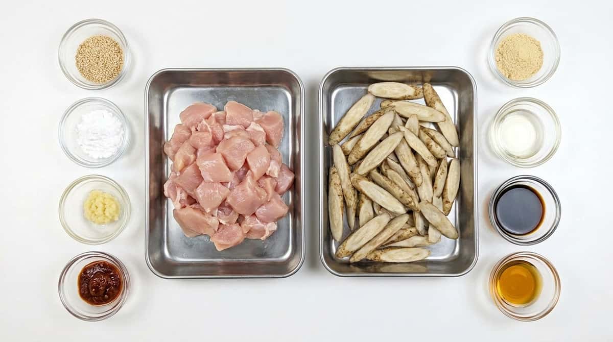 鶏むね肉とごぼうのピリ辛鶏ガラ焼き（材料）