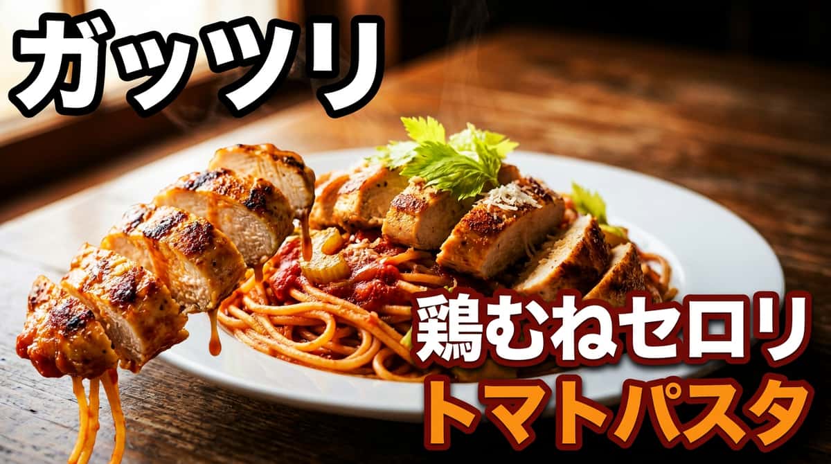 鶏むね肉とセロリのガッツリトマトパスタ