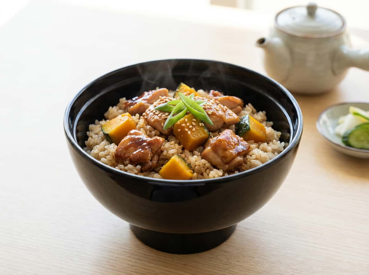 鶏むね肉とかぼちゃの焼肉のタレ炊き込みご飯