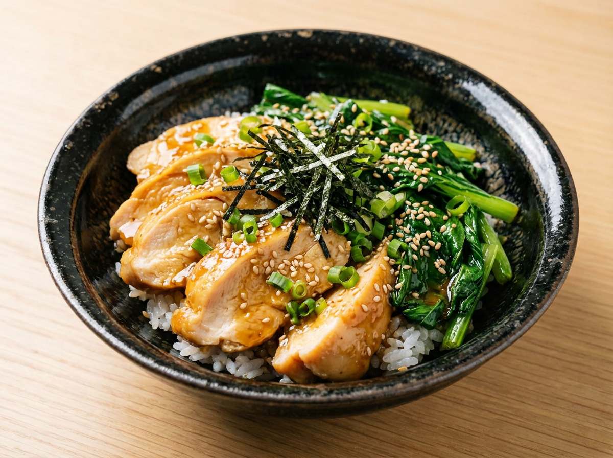 鶏むね肉と小松菜のめんつゆバター丼（おつまみ仕立て）